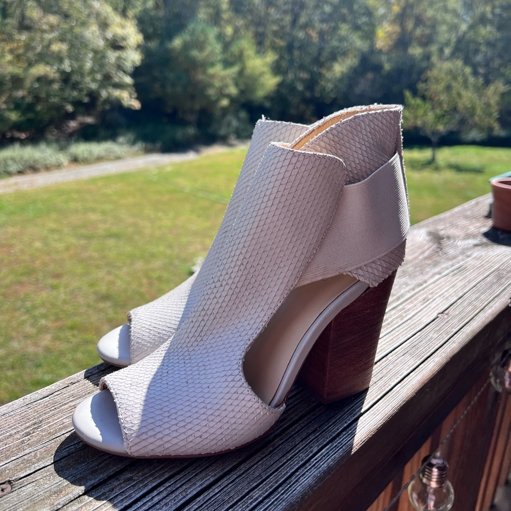 BOTKIER SNAKESKIN OPEN TOE HEEL BOOTIE